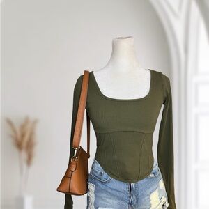 PINK Victoria's Secret Ribbed Long Sleeve Corset Top Scoop Neck Tee Size M